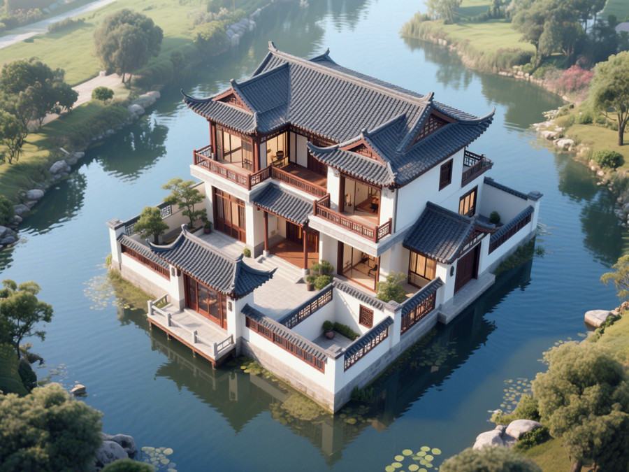 四周環(huán)水的一棟中式風(fēng)格的輕鋼別墅